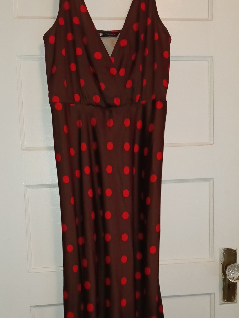 Brown V-Neck Maxi Dress with Red Dots